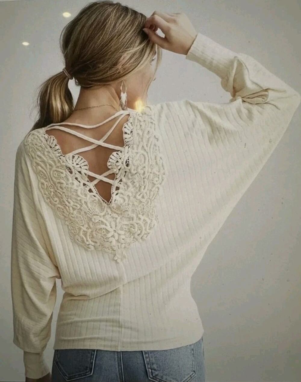 Buckle XXL Cream Daytrip Balloon Long Sleeve Embroidered Back Design Sweater Top